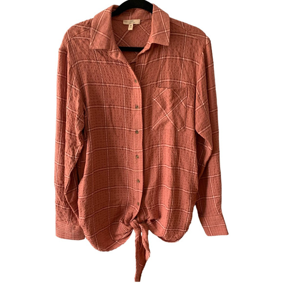 Como Vintage Tops - Como Vintage Button Down Tie Front Shirt Ruched Side Detail Pink Oversize Size M